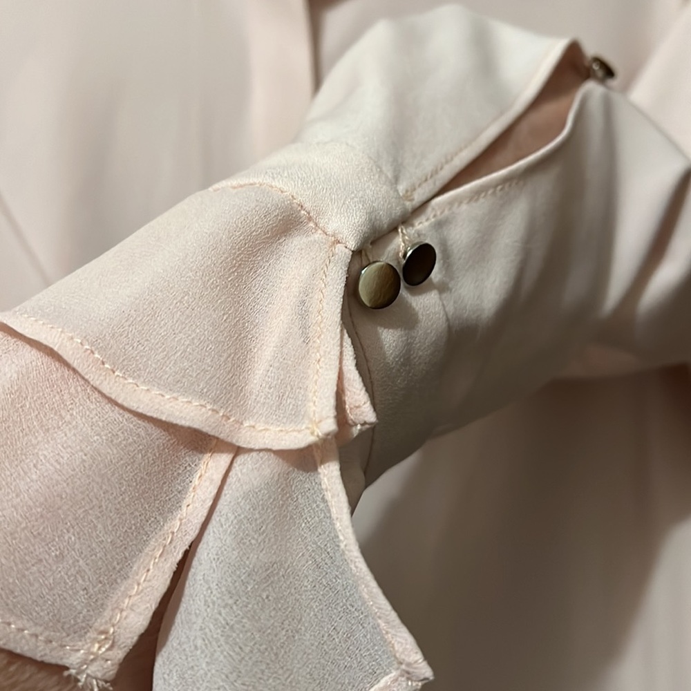 Tahari button down blouse in soft pink, long sleeve with cut outs and chiffon sl